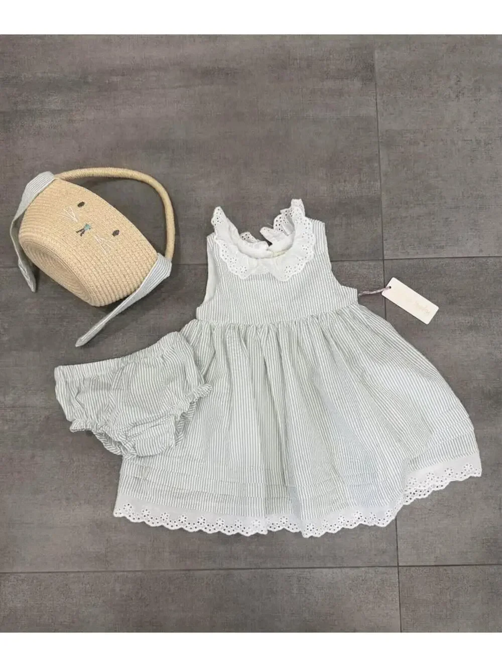 18m • Cynthia Rowley • Baby Girl Green Striped Dress Set with Bunny Purse